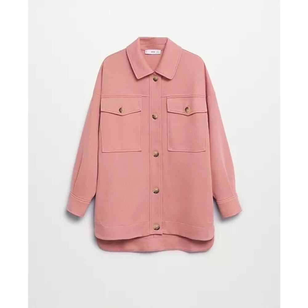 Mango MNG Women's Chest-Pocket Cotton Shirt Jacket Pink Oversized Shacket XS